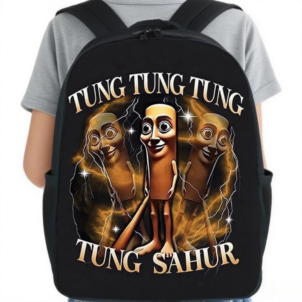 Boy's Girl's Tung Sahur Nylon Backpack Ins Funny Cartoon Large-Capacity Student Backpack Bag Gift