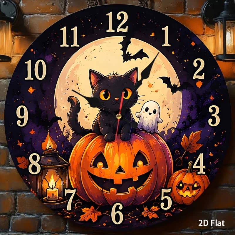 2D flat model, 1 piece black pumpkin sitting posture and full moon wooden baby room wall clock, silent without ticking, cute Halloween round decoration, suitable for living room, bedroom corridor, excluding AA batteries, holiday gifts, 2D flat model