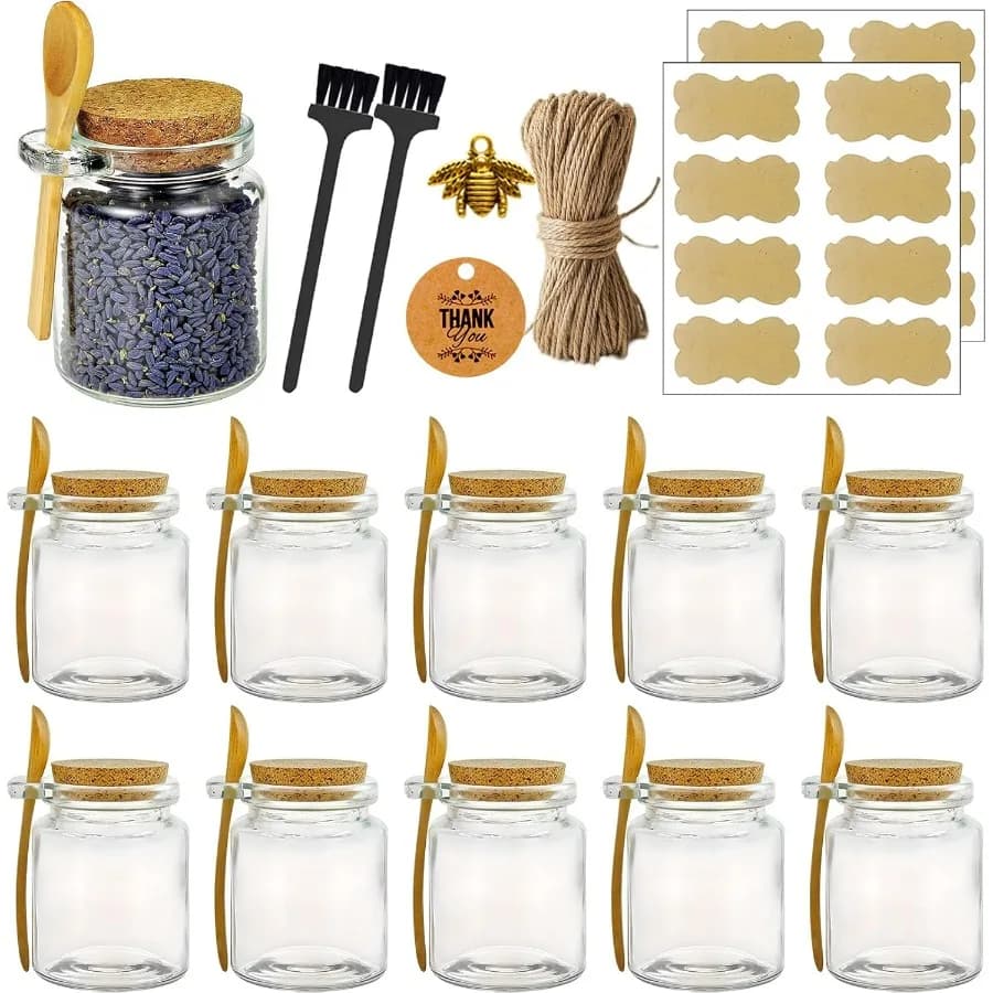 Glass sugar jars, 8 oz bath salt container, salt cellar with spoon, honey jars with lids, labels and brush for cleaning, S