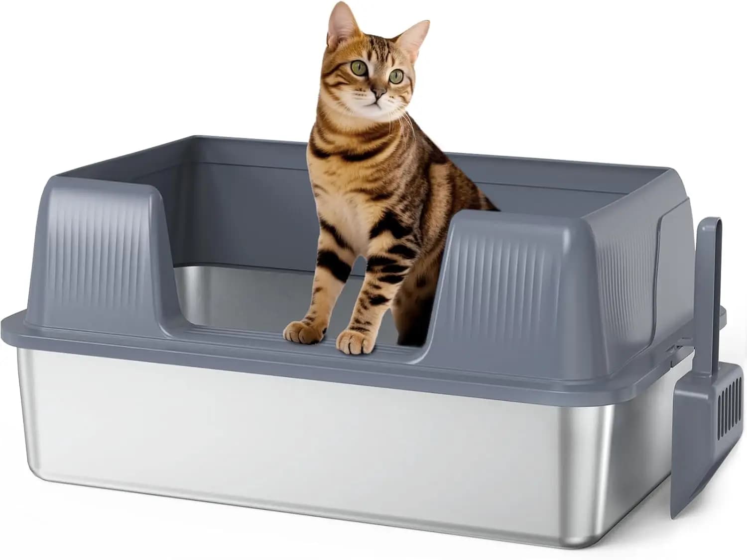 Lettiera per Gatti in Acciaio Inossidabile, XL Extra Large, Semichiusa con Ingresso Laterale, Paletta Inclusa, Vaschetta Aperta