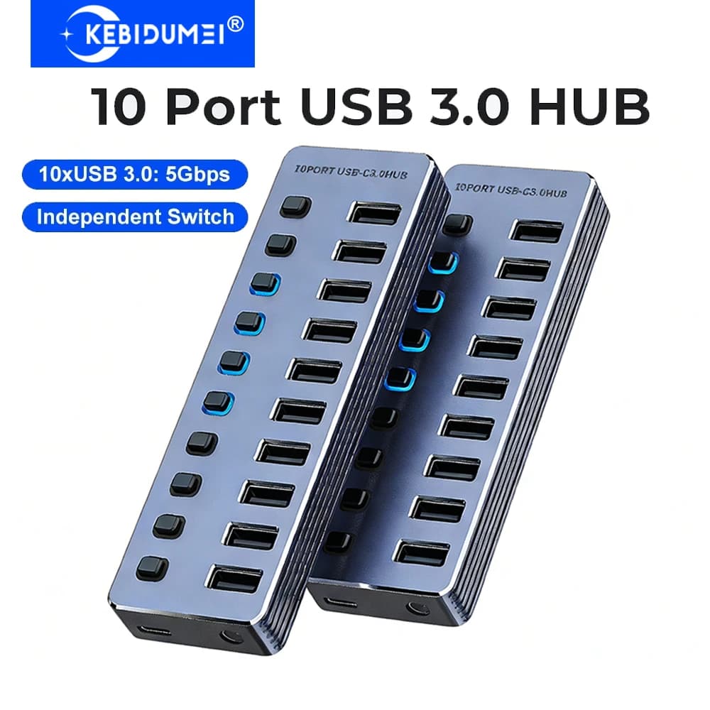 KEBIDUMEI Hub USB 3.0 a 10 porte con interruttore indipendente, docking station USB, splitter USB-C, trasmissione USB 3.0 a 5 Gbps per laptop