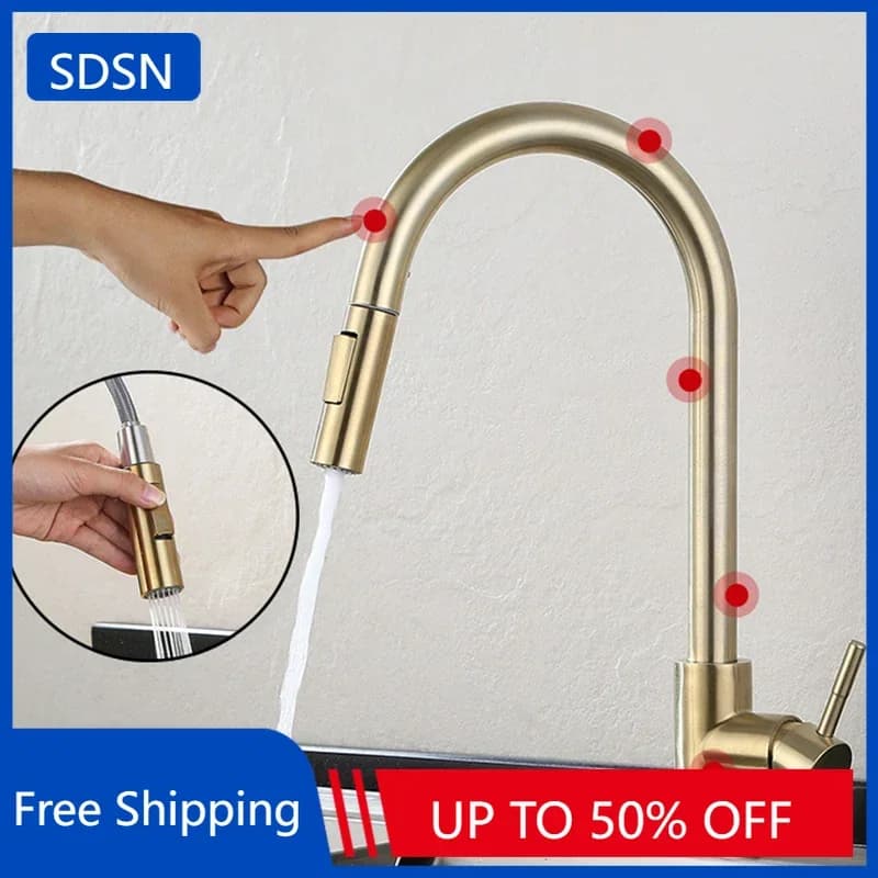 Rubinetti da cucina touch oro spazzolato Rubinetto miscelatore lavello da cucina estraibile caldo freddo in acciaio inossidabile 304 Smart Touch su rubinetto da cucina