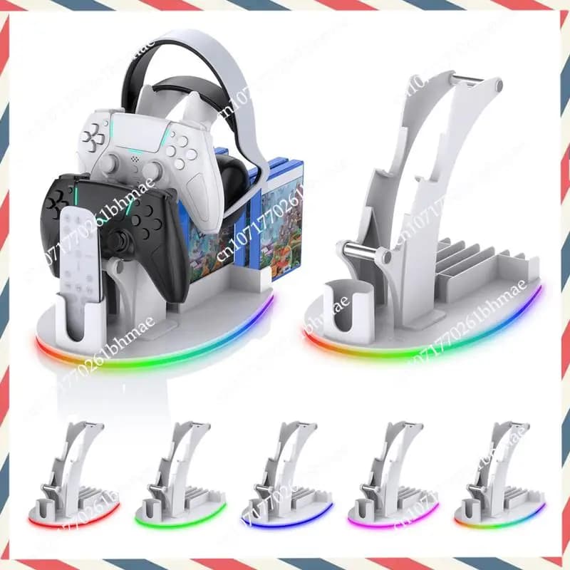 -A21Z Per PS5 Supporto per controller da tavolo con luci RGB Supporto per cuffie/maniglia/remoto/disco Supporto per desktop bianco