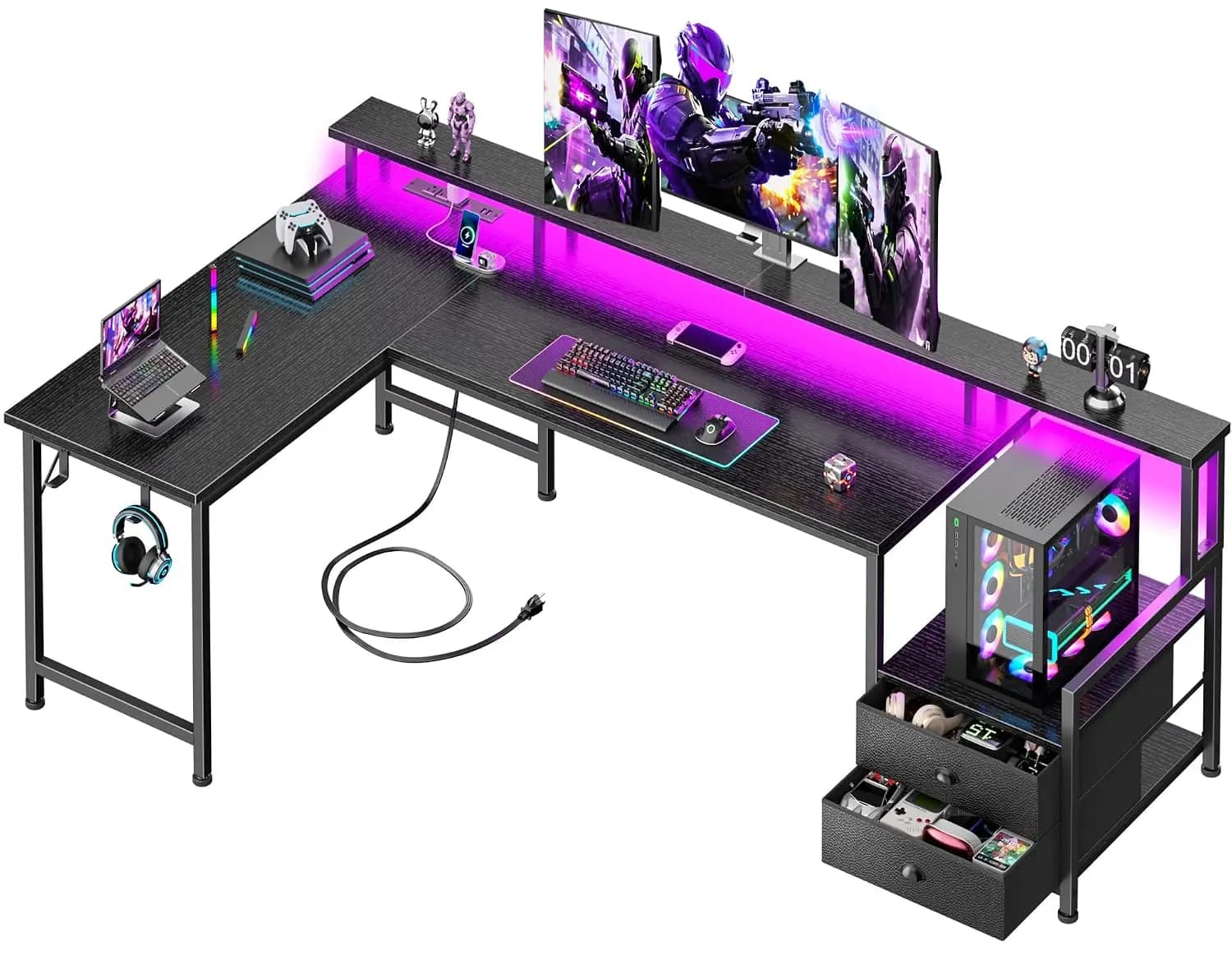 L Shaped Gaming Desk with Drawers, Power Outlets & LED, Reversible Corner Computer Desk for Multiple Monitors with CPU Stand, Ho