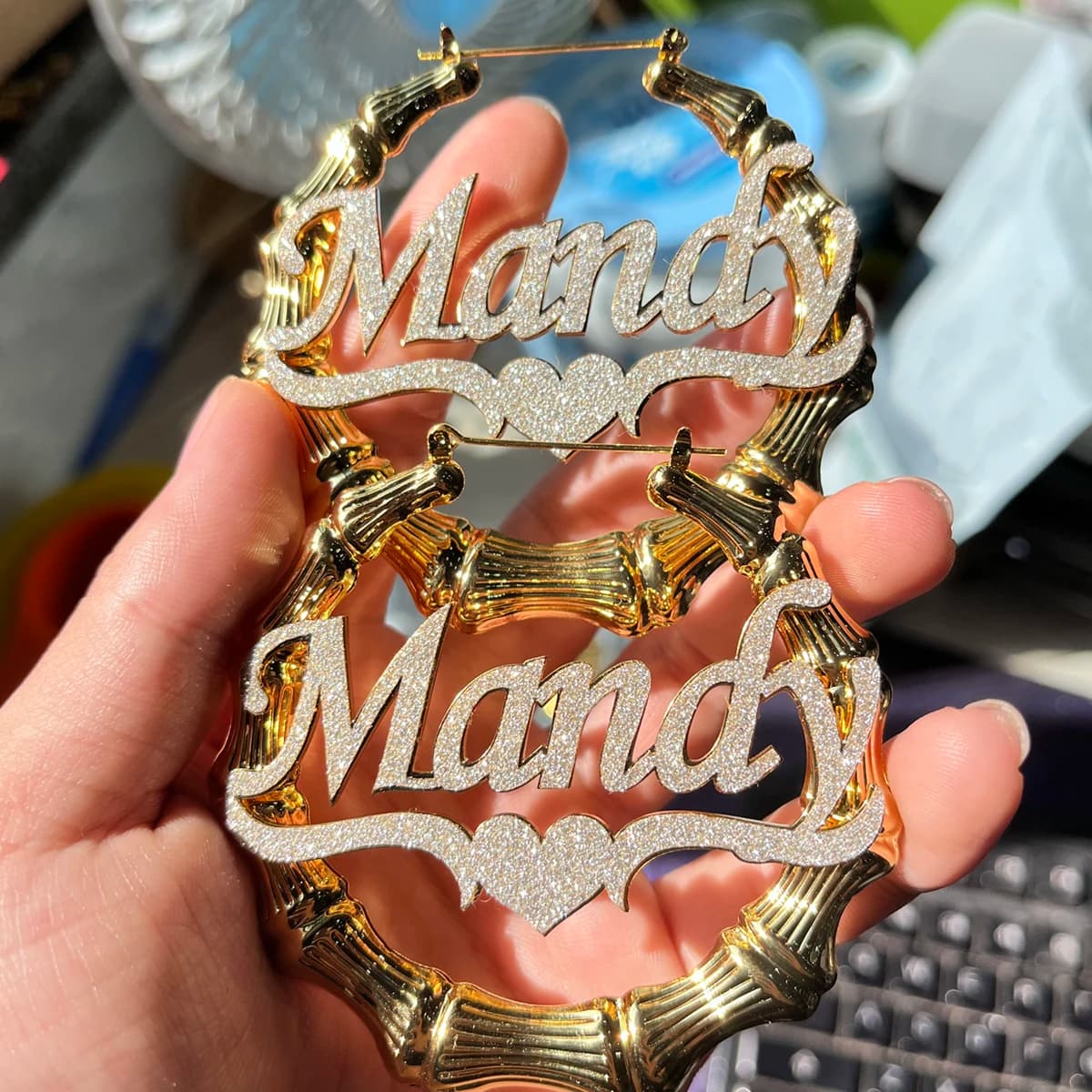 Orecchini di bambù con nome Bling personalizzato orecchini a cerchio di bambù colorati grandi cerchi orecchini personalizzati Bling Bling per i regali delle donne