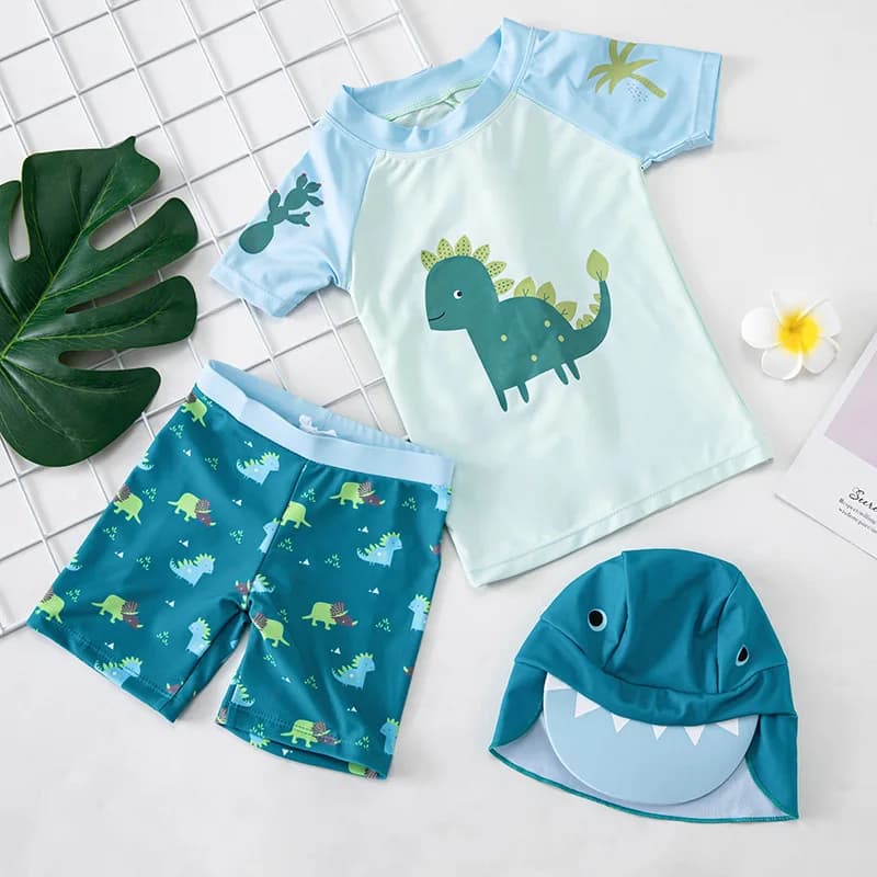 Swimsuit divided by children Korean version Boys Short Sleeves Cartoon Top + Bathroom Shorts + Swimwear Set three pieces 1-9Y