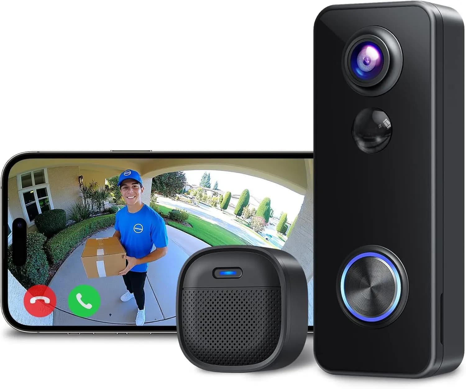 Campanello video wireless con 180 ° Visualizza, 2K HD, conversazione bidirezionale, nessuna tariffa mensile, compatibile con Alexa/Google
