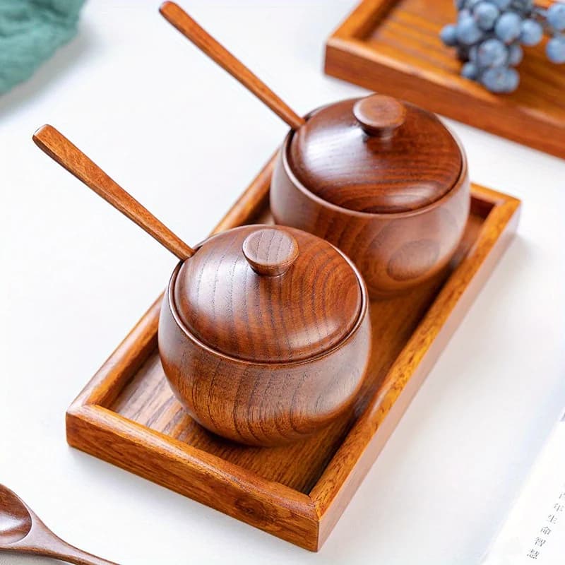 Wooden Seasoning Jar Creative Kitchen Seasoning Box Retro Salt Jar with Lid Household Kitchen Storage Supplies Set