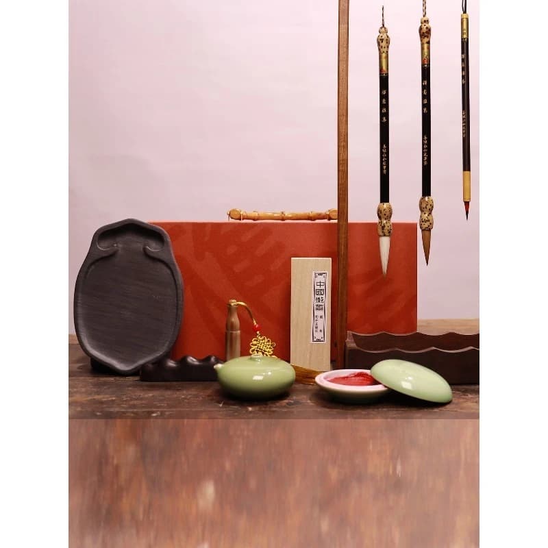 Study four treasures gift box, pen, ink, paper and inkstone, a full set of Shanlian lake pens, special for calligraphy gifts
