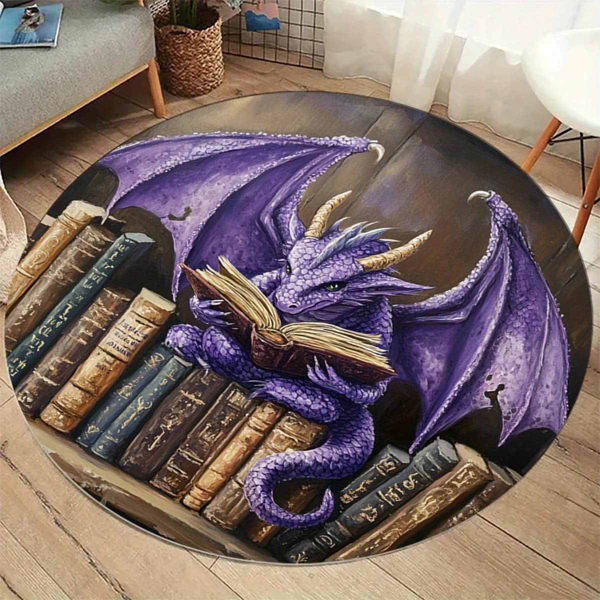 Tappeto rotondo con motivo Dragon Reading Pattern - Tappetino antiscivolo stampato in 2D per soggiorno, camera da letto e corridoio, 1 pezzo
