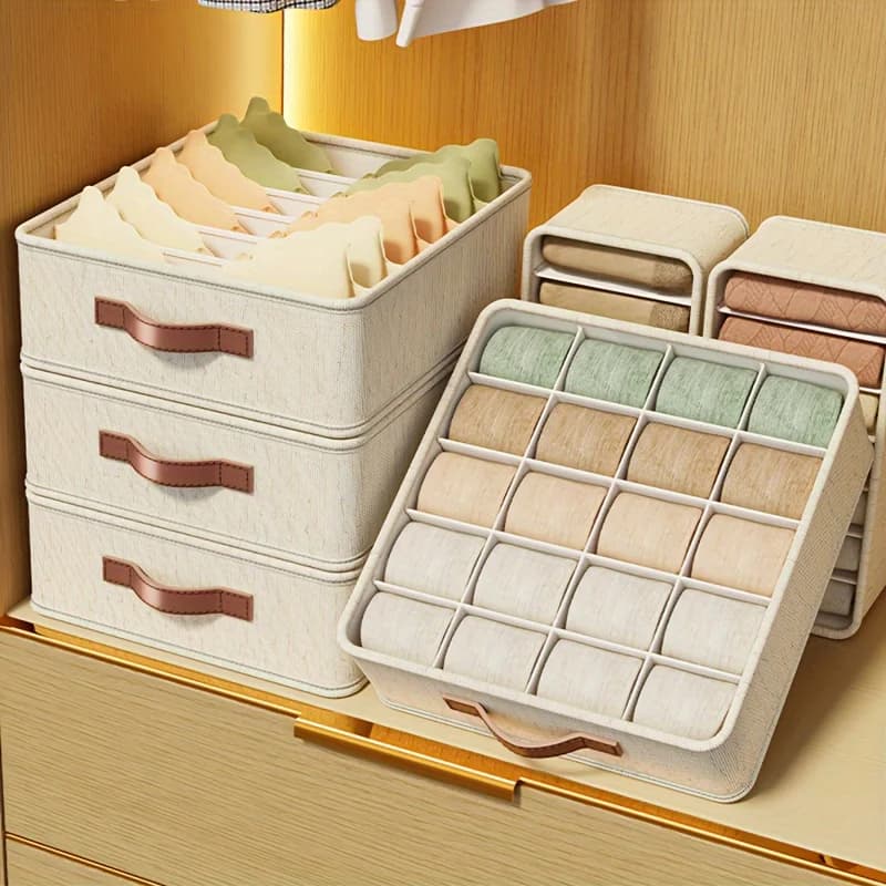 Beige Stackable Fabric Organizer Box, Collapsible Structure with Rose Gold Handles for Sorting Socks, Bras, Underwear and Ties