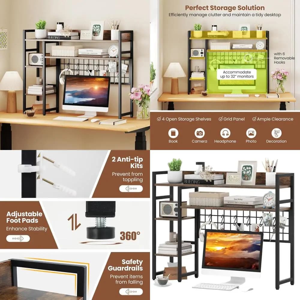 Supporto per Monitor con 4 Ripiani e Mensola Superiore per Archiviazione in Ufficio Domestico