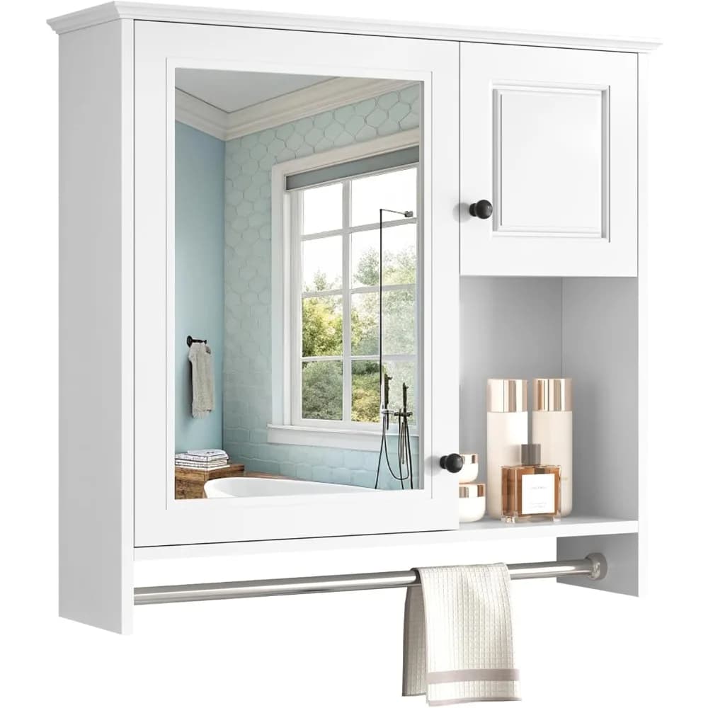 Mobiletto da bagno per montaggio a parete con specchio, ripiano aperto e portasciugamani, 30" X 28" sopra il WC, parete portaoggetti per bagno con specchio