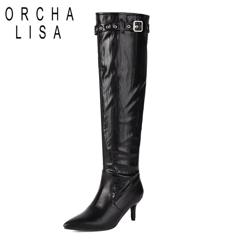 ORCHA LISA Hot Female Knee High Boots Pointed Toe 6.5cm Thin Heels Slip On Belt Buckle Pleated Big Size 44 45 46 Banquet Autumn