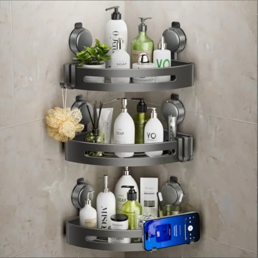 Mensola angolare per doccia, portaoggetti da doccia con ventose e ganci, organizer e contenitore per bagno in alluminio antiruggine senza foratura, scaffale