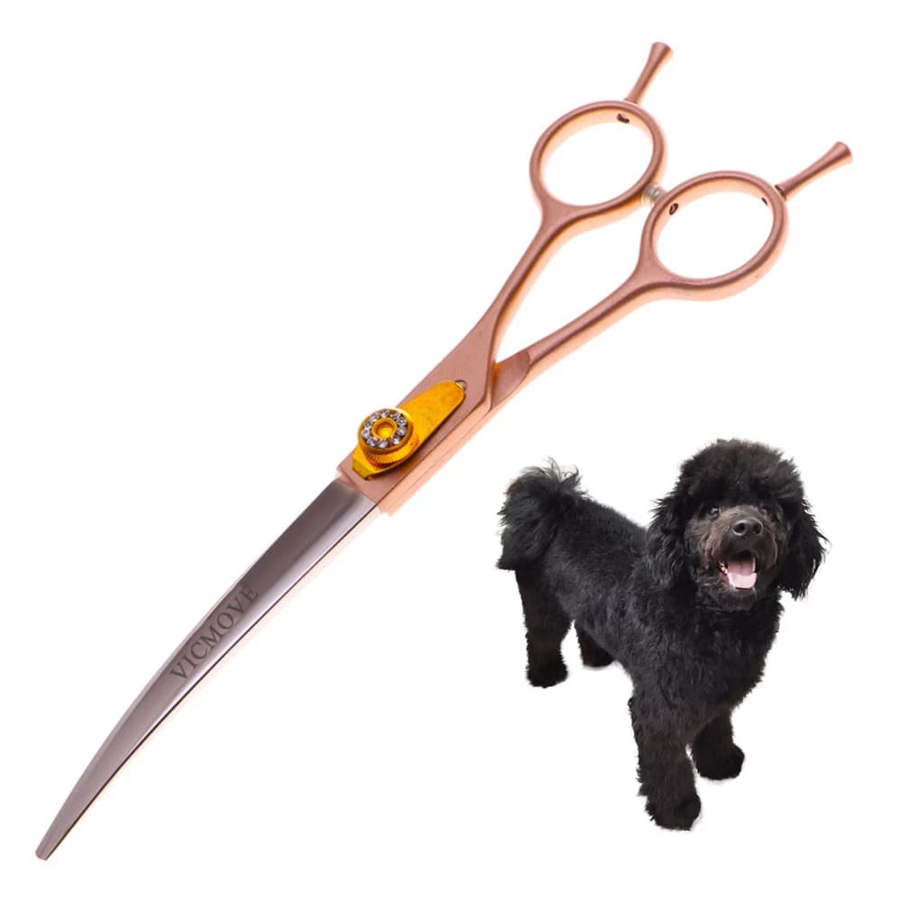 Forbici Professionali per Toelettatura Cani con Lama Curva Verso il Basso, 7 Pollici, in Acciaio Inossidabile SUS440C Oro Rosa