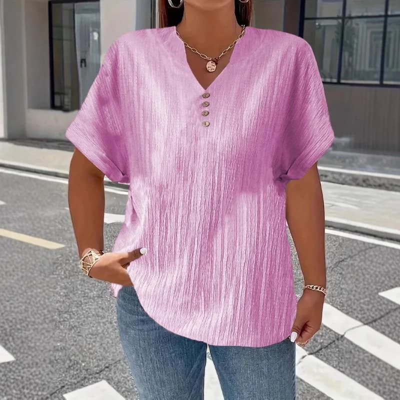 T-shirt Casual da Donna Estiva 2026 con Bottoni e Scollo a V Tinta Unita - Moda