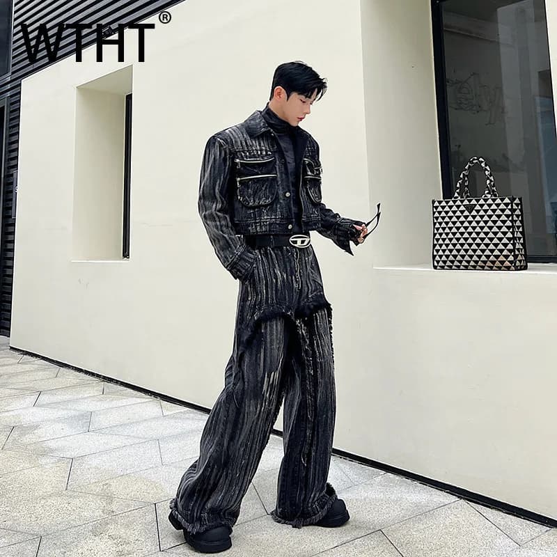 WTHT Vintage Men's Dress Waisted Pockets Curved Hinge Do Old jeans coats High Street Burr Edge Jeans Straight Set Man 2A0804
