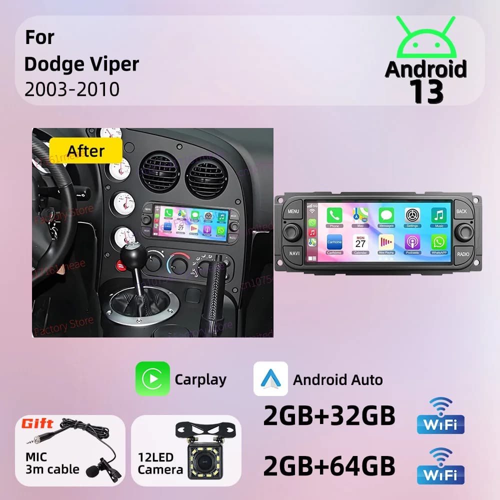 6.86" Android 13 Car Multimedia for Dodge Viper 2003-2010 Wireless Carplay Autoradio 1 Din Radio GPS Head Unit Stereo