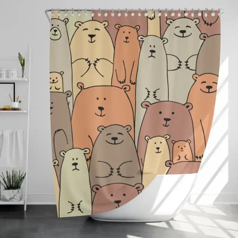 Bear Hug Forest Shower Curtain with 12 Hooks Waterproof, Modern Bathroom Decor, Housewarming Gift