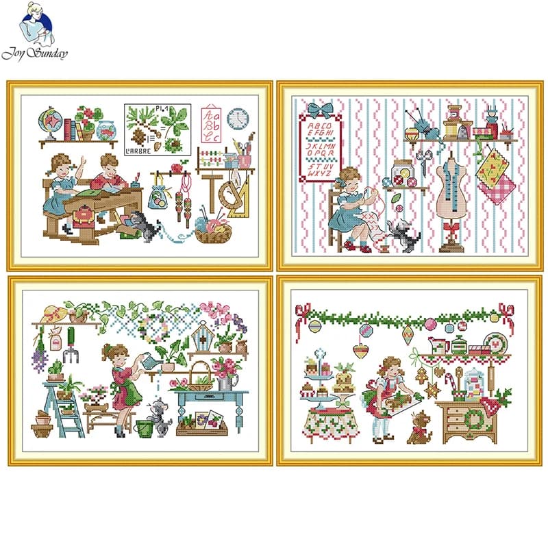 Joy Sunday Set Ricamo Fai da Te: Espositore per Kit da Ricamo per Principianti, Stampe, Serie Punto Croce, Arti e Mestieri con l'Uncinetto e il Filo