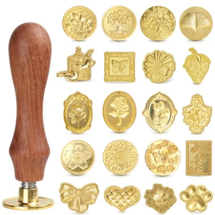 Vintage Wax Seal Stamp Set 20-Piece Classic Seal Heads with Wooden Handle for Invitations, Letters, Gift Wrapping and More Asso