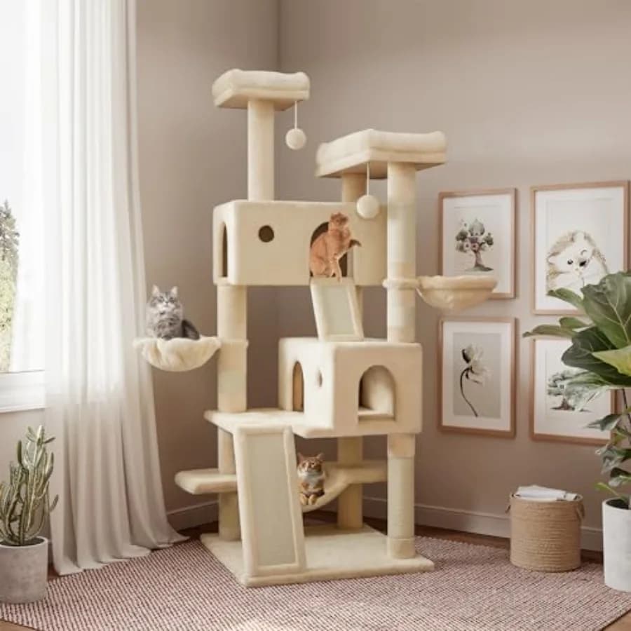 Albero per Gatti da 65 Pollici con Ampia Base, Cuccia, Posti Sdraiarsi Morbidi, Cesti, Tiragraffi in Sisal e Amaca per Gatti da Interno