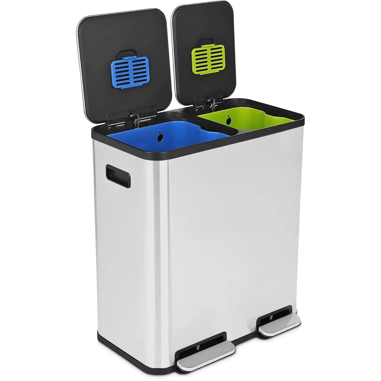 70 Liter / 18.5 Gallon Rectangular Hands-Free Dual Compartment Recycling Kitchen Step Trash Can with Soft-Close Single Lid, Stai