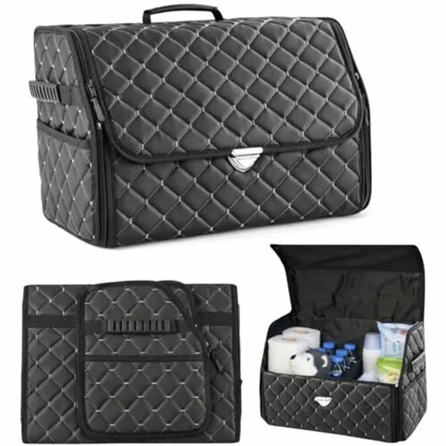 Organizer Pieghevole per Bagagliaio Auto con Coperchio per SUV e Altri Veicoli, Contenitore Effetto Pelle con Tasche, Design Antiscivolo in Bianco-Nero