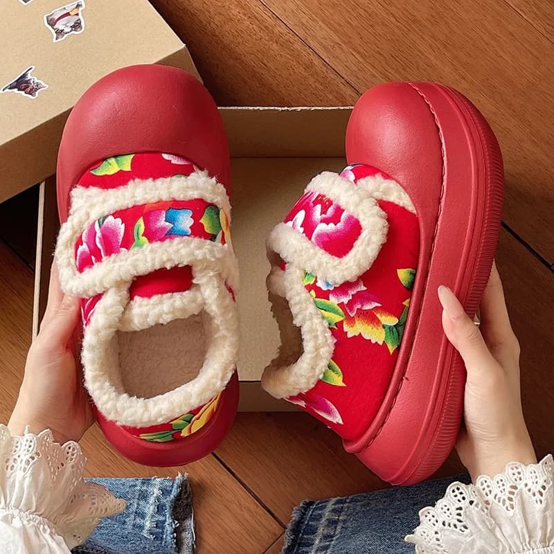 Autumn Winter New Women's Cotton Shoes Style Fleece Lining Non-slip Home Boots with Floral Pattern Hot Women's Shoes With Thick Sole