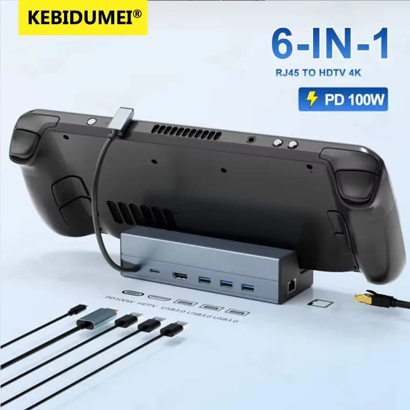 Docking Station USB C 6 in 1 4K@60Hz HDTV Game Hub RJ45 Ethernet 100Mbps USB 3.0 Adattatore Type C per Steam Deck ROG Ally Switch