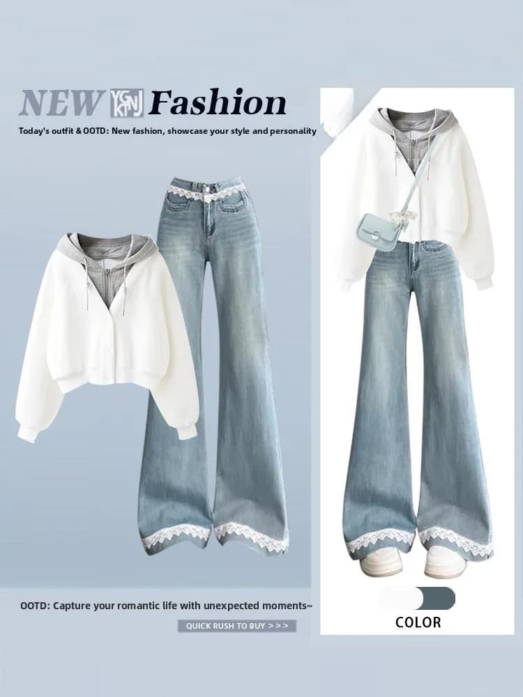 Set Sportivo Casual alla Moda per Donna, Felpa con Cappuccio e Pantaloni Larghi Effetto Due Pezzi, Manica Lunga Autunnale