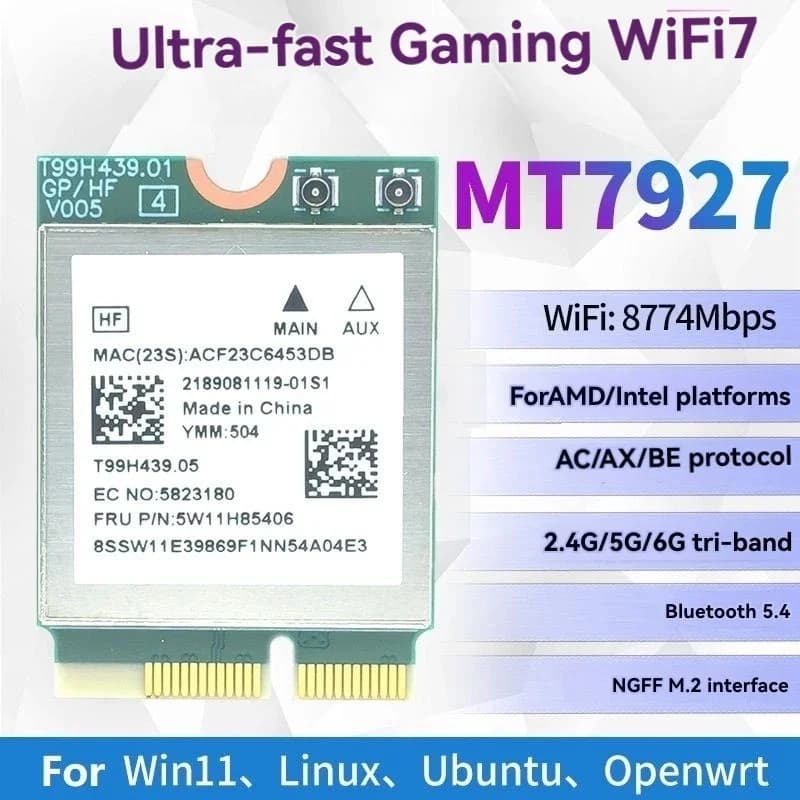 PER MT7927 Scheda Wifi7 8774M Tri-Band 2.4G/5G 6G Scheda di rete Wifi wireless Adattatore Bluetooth 5.4 Gigabit WiFi7