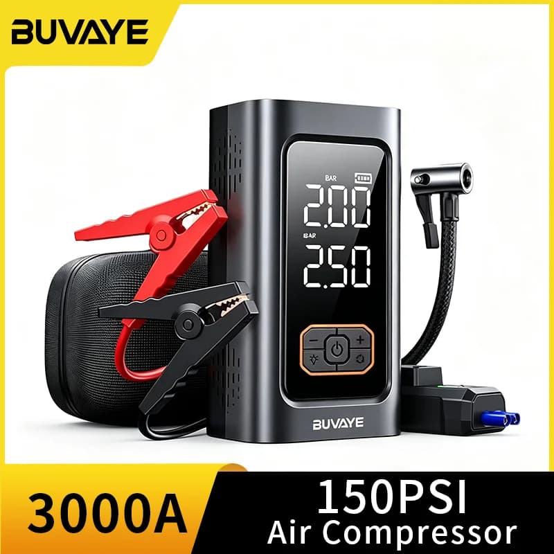 BUVAYE Car Jump Starter 10000mAh 12V Car Boot Booster 150PSI Portable Air Pump Starting Auxiliary With Air Compressor Power Bank