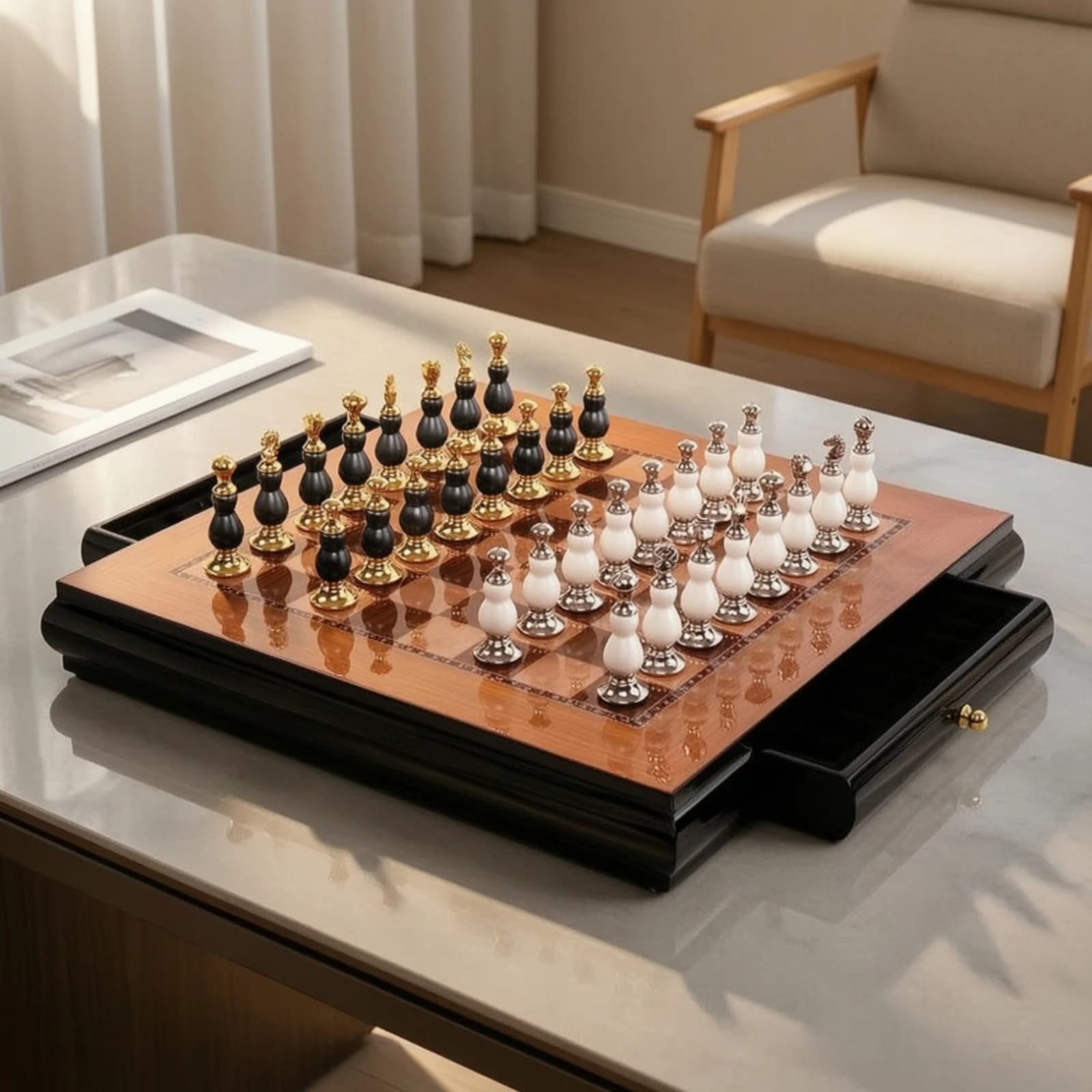 Chess Set with Drawers Decorative Chess Board with Drawers Chessboard Luxury Strategy Game Classic for Collectors, Study