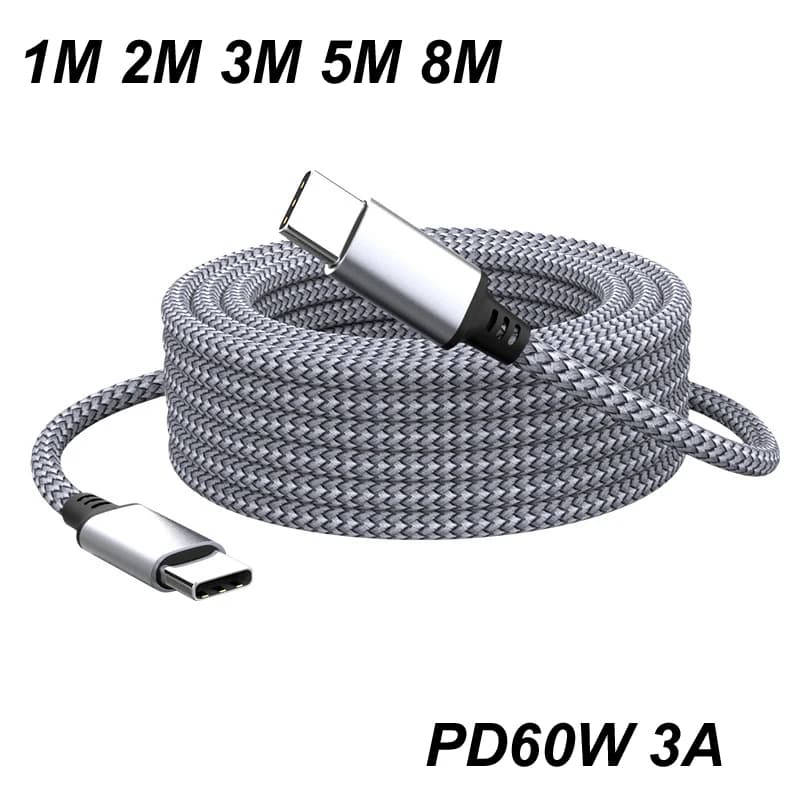 1M 2M 3M 5M 8M USB tipo C a tipo C cavo PD 60W 3A caricabatterie rapido dati universale esteso per Xiaomi Samsung Camera Laptop PHONE