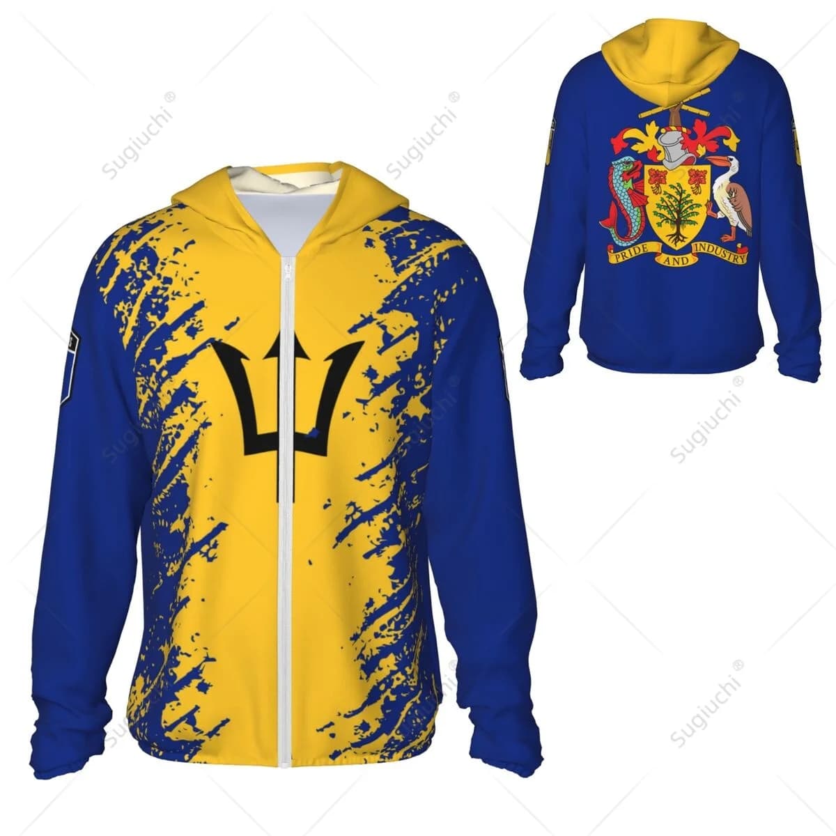 Felpa con cappuccio con protezione solare bandiera Barbados Abbigliamento per protezione solare Pesca Ciclismo Corsa Manica lunga ad asciugatura rapida con cerniera in poliestere