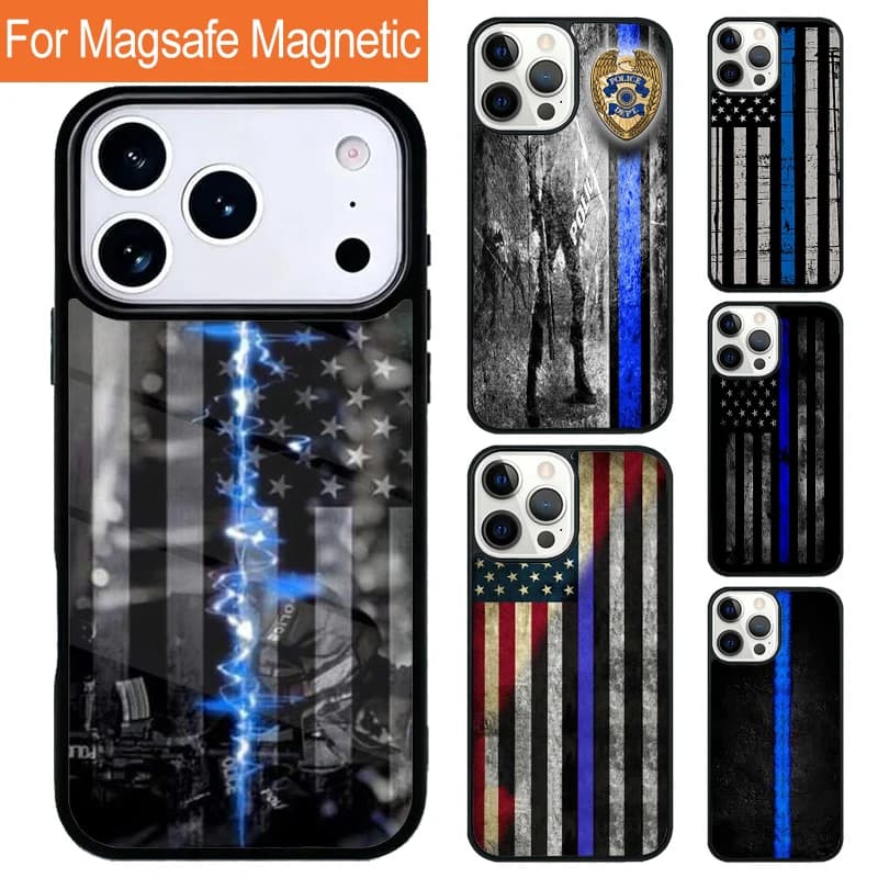 Custodia Magnetica Wireless per iPhone con Motivo Linea Blu Sottile per Polizia, Compatibile con iPhone 17 Pro, 16, 15, 13, 12, 11 Pro Max, Air 14 Plus, con Cover Magsafe