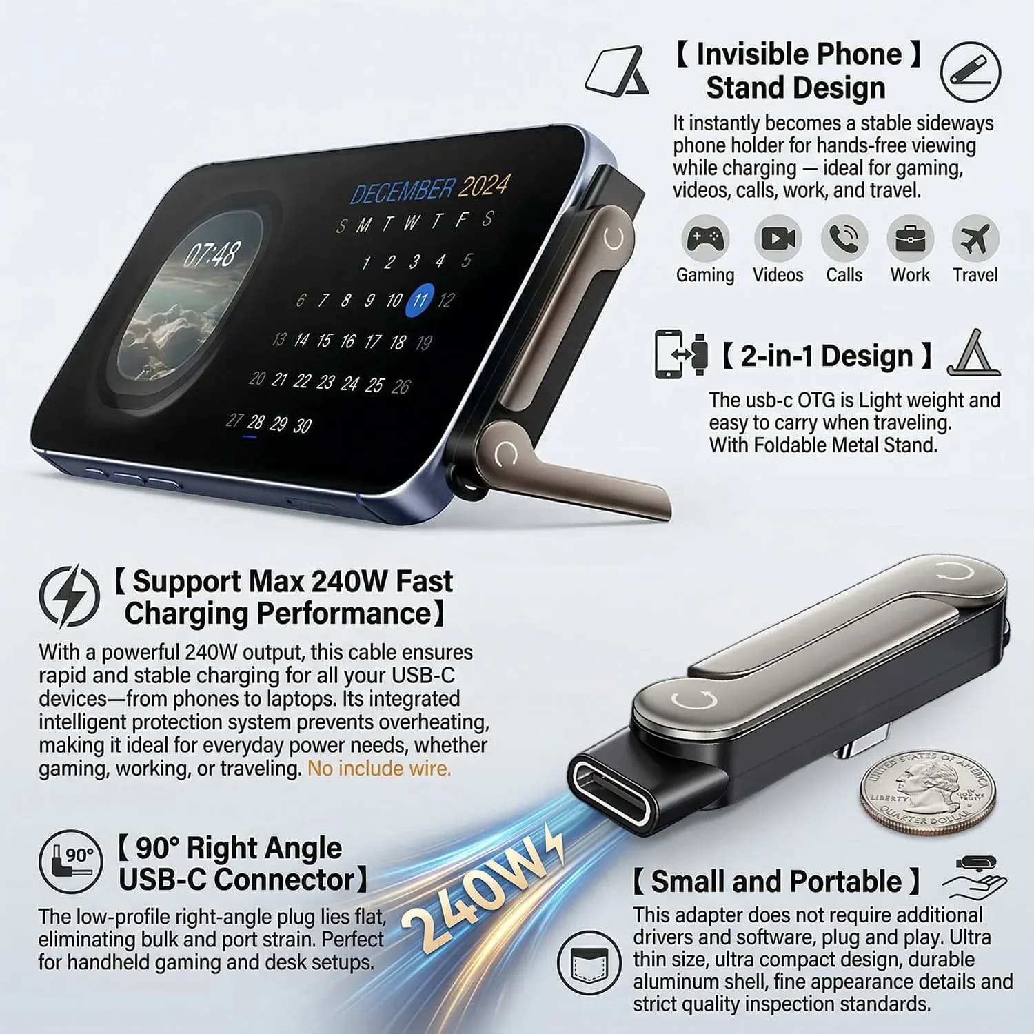 240W Phone Holder Charging Adapter 2-in-1 Mobile Phone Charging Cable for Type-C PD Cable Adapter Mobile Phone Holder Charging