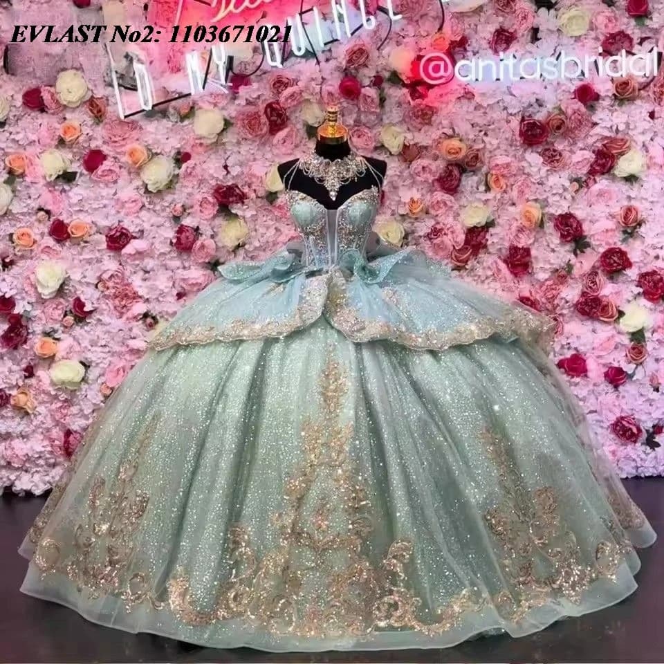 EVLAST Personalizzato Messicano Salvia Abito Quinceanera Abito di Sfera Oro Applique di Pizzo In Rilievo Corsetto Dolce 16 Abiti 15 Anos E2QA223