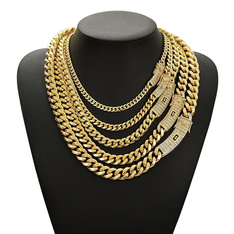 6-14mm Gold Color Stainless Steel Cuban Miami Chains Necklaces CZ Zircon Box Lock Link Chain for Men Hip Hop Rapper jewelry