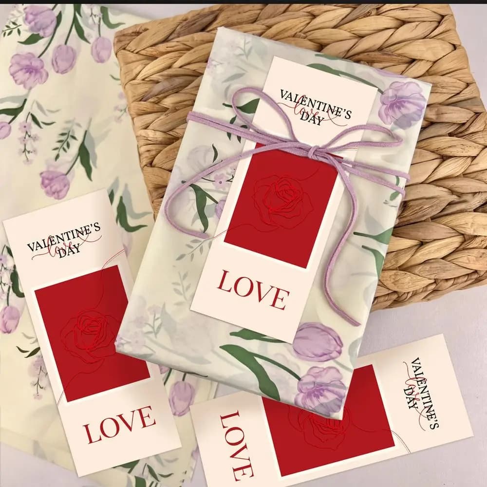 50PCS Red Happy Valentine's Day Stickers Emboss Rose Flower Self Adhesive Seal Sticker Packing Ornament Rectangle