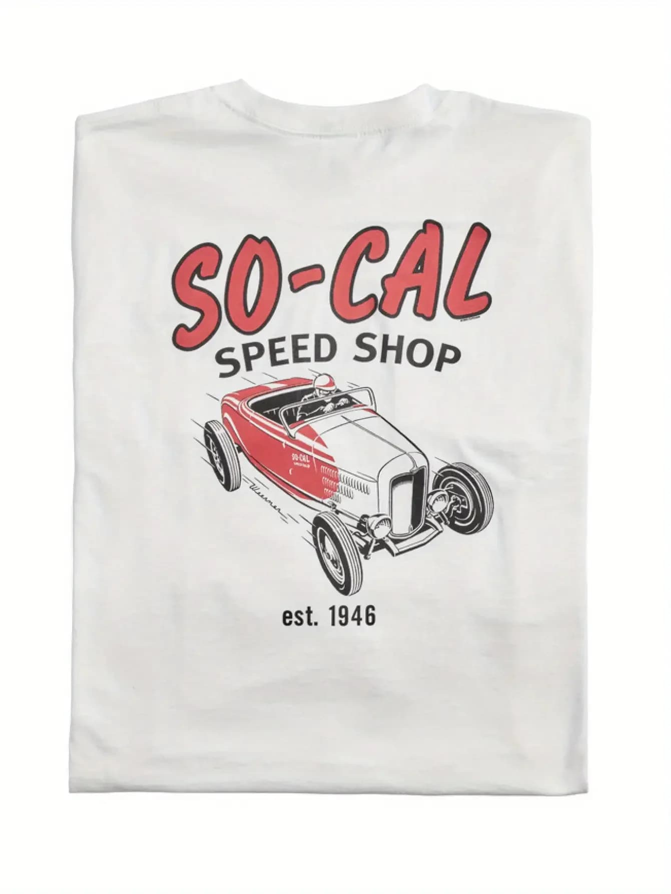 Men's T-shirt So-Cal Speed Shop Roadster - White vintage print, bohemian style, crew neck, suitable for all seasons