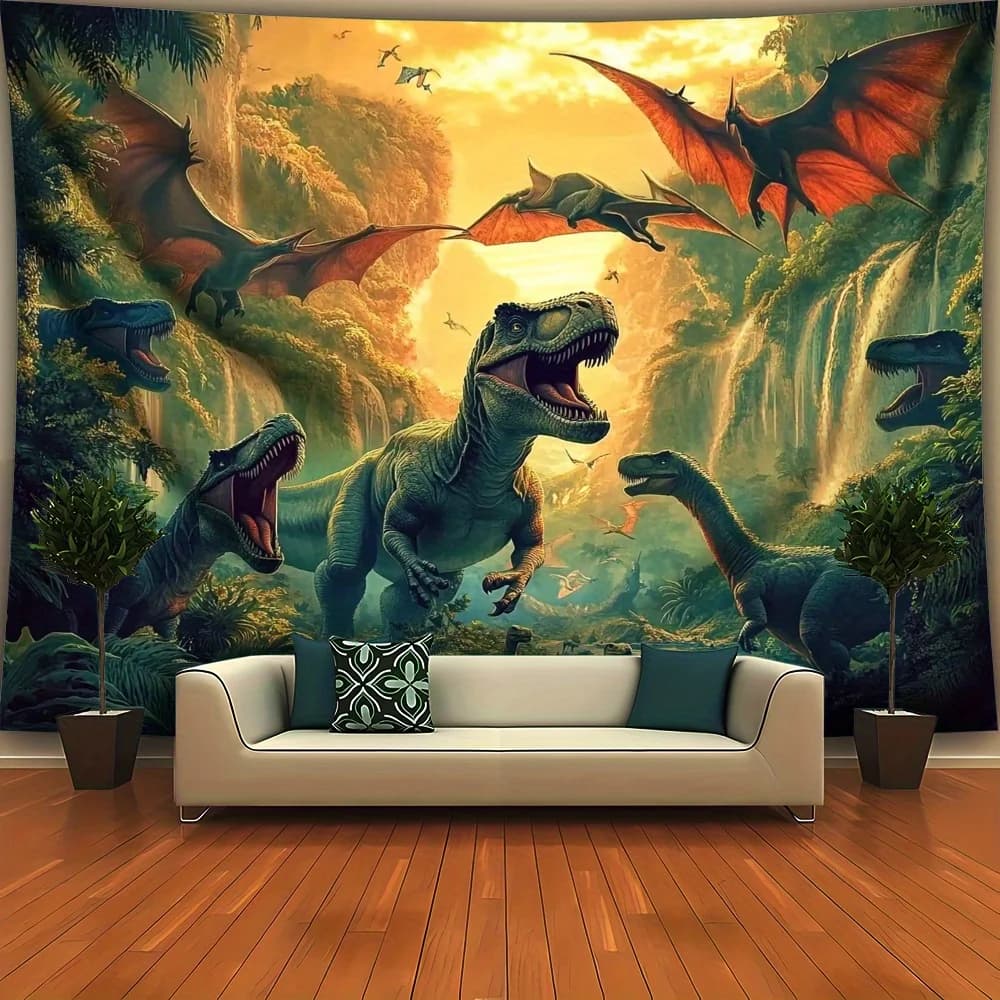 Dinosaur Jungle Tapestry T Rex Pterodactyl Prehistoric Scene Wall Decor for Kids Room Boys Girls Bedroom Adventure Dino Lover