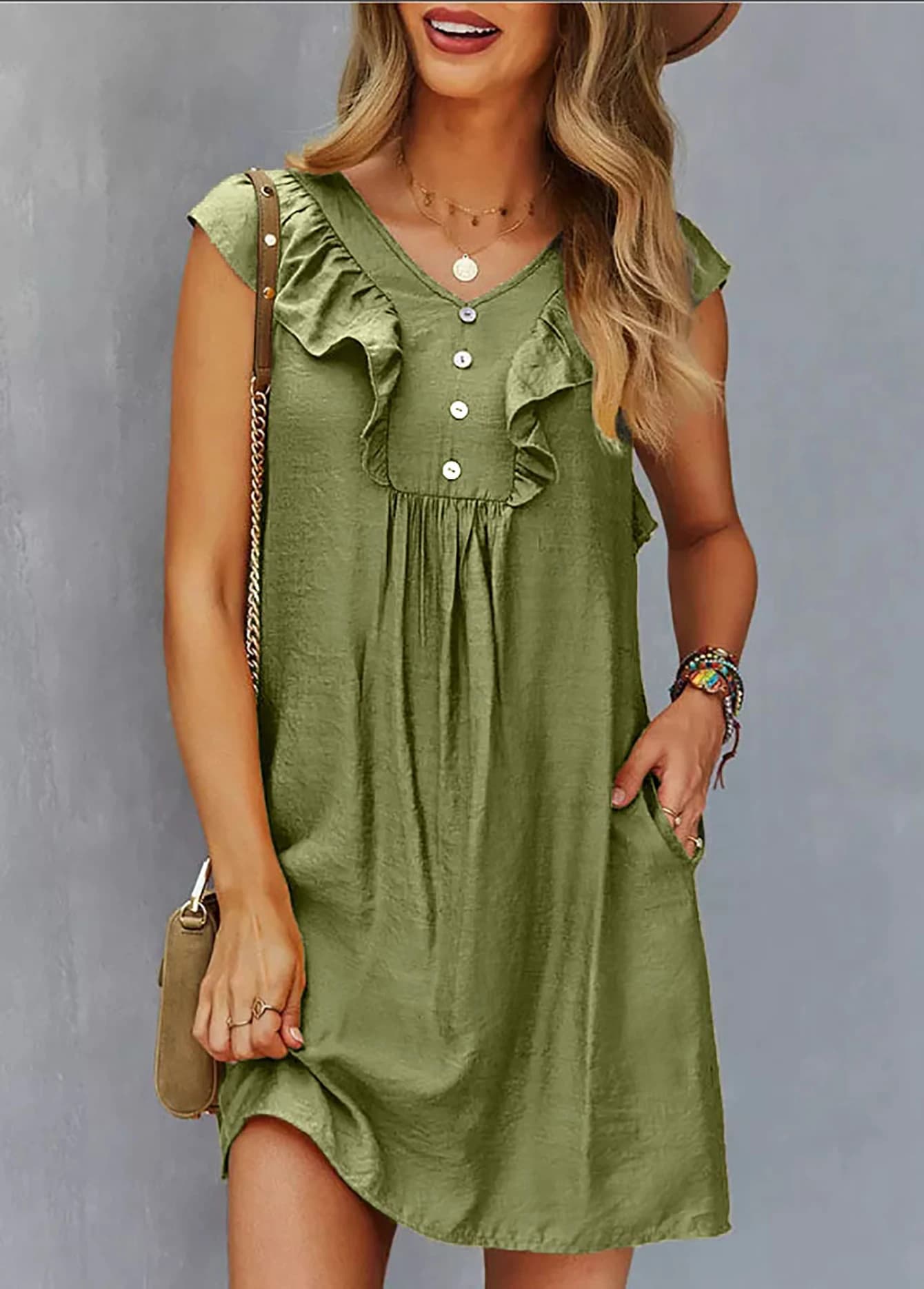 Mini Dress Spring Summer Women Green V Neck Ruffle Button Front Casual Chic Vacation Beach Daily Dress