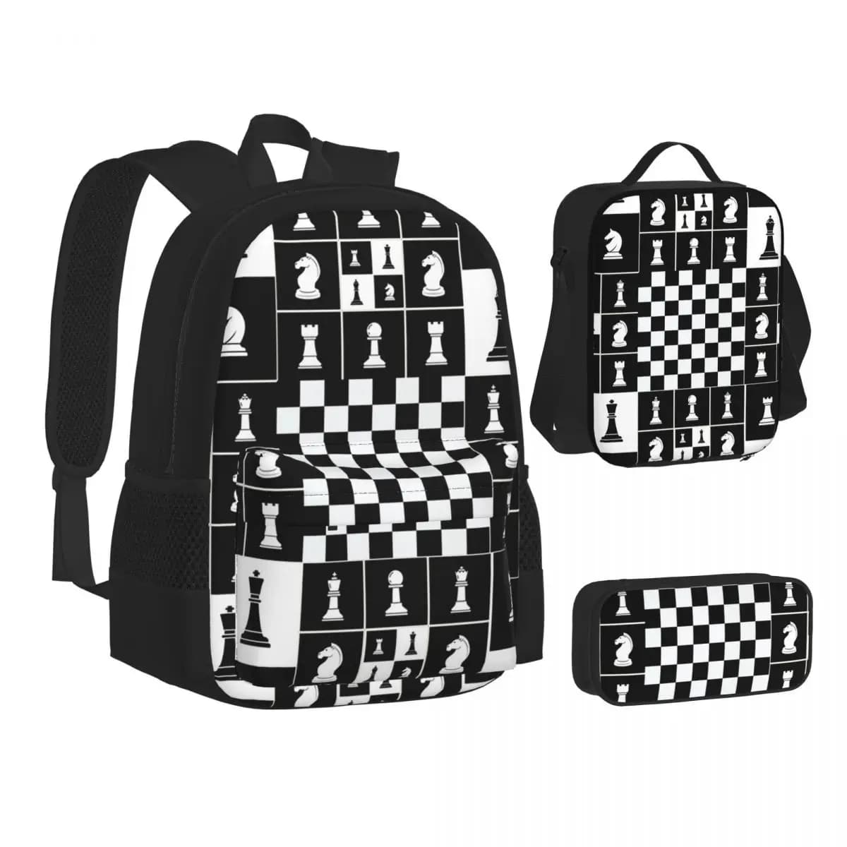 Chess Pieces On Board Chessboard Backpacks Students Bookbag School Bags Kids Rucksack Lunch Bag Pen Bag Three-Piece Set
