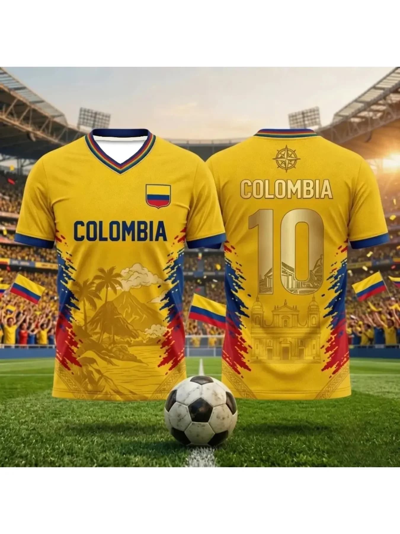 2026 Summer Colombia Theme 3D Print Soccer Jersey, Round Neck Short Sleeve T-Shirt, Breathable Men's Sports Top