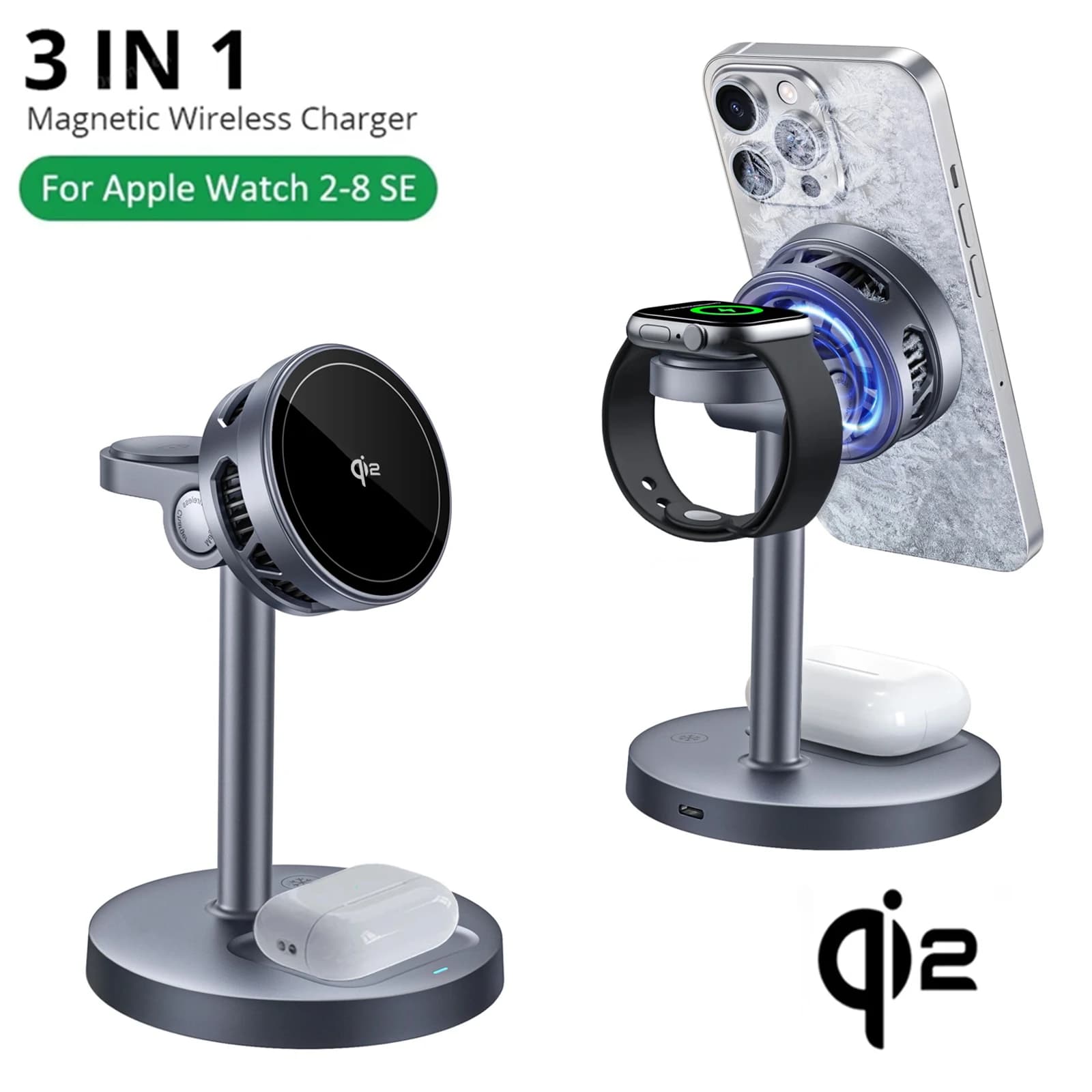 Supporto di ricarica wireless magnetico 3 in 1 con raffreddamento TEC e ricarica rapida Qi2 per iPhone 16 15 14 13 12 Pro Max, Apple Watch 8 SE e Airpods