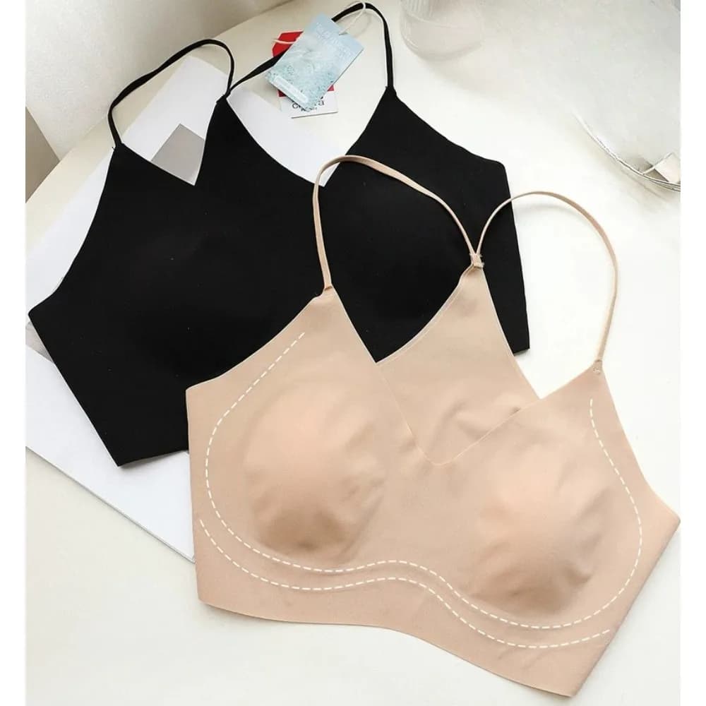 BANERDANNI Ice Cool Milk Skin Halter Y‑Back Bra Women Ultra Thin Invisible Seamless Wireless Minimize Bust Brassiere Underwear