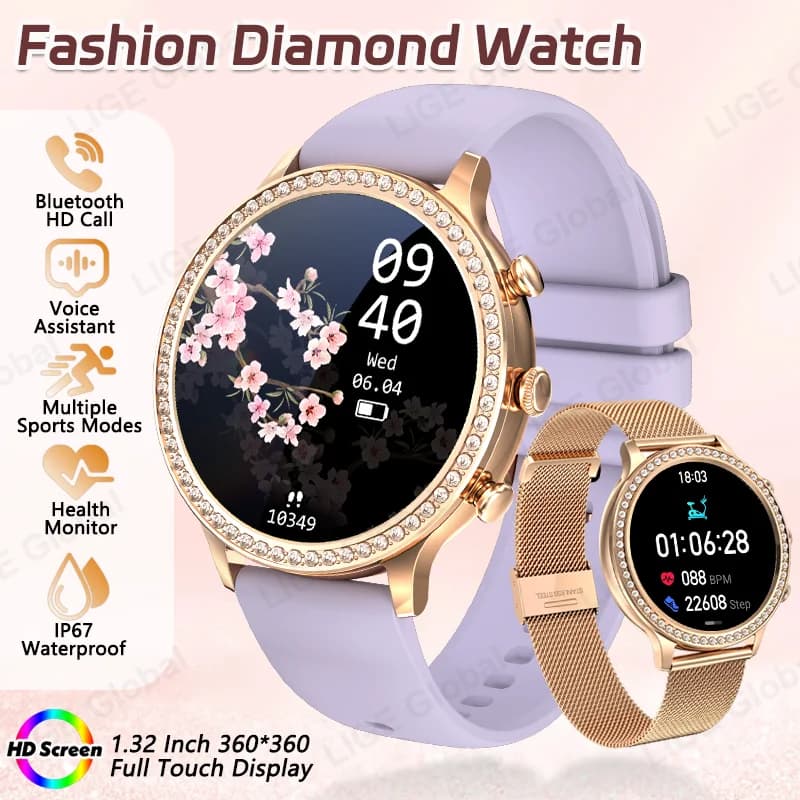 LIGE 1.32 Inch Multifunctional Smart Watch Women Bluetooth Call Health Monitor Sport Fitness Tracker Smartwatch For Ladies Gift